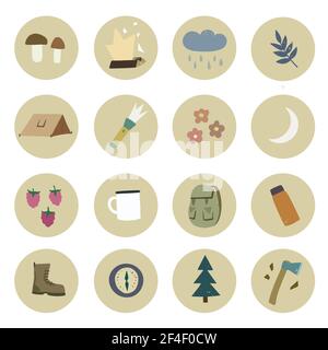 Set di doodle icone del cerchio disegnate a mano con campeggio ed attrezzatura escursionistica ed elementi della natura della foresta, alberi e bacche. Illustrazione Vettoriale