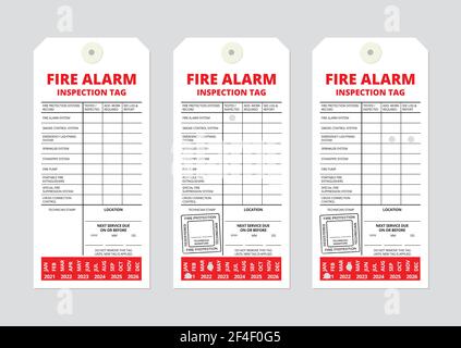 Modello etichetta di ispezione allarme antincendio. Utilizzato dai tecnici della protezione antincendio durante le prove o le ispezioni degli allarmi antincendio per contrassegnare parti e componenti. Illustrazione Vettoriale