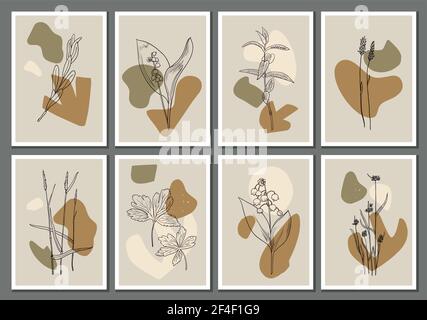 Grande set di eleganti poster contemporanei minimalistici con piante d'arte e forme astratte in una tavolozza di colori terrosi. Illustrazione Vettoriale