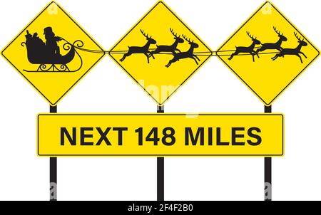 Cartello Santa Crossing con silhouette di slitta e renne. 3 cartelli gialli di segnalazione stradale sull'autostrada in cima a un cartello con la scritta miles (miglia). Concetto per Natale. Illustrazione Vettoriale