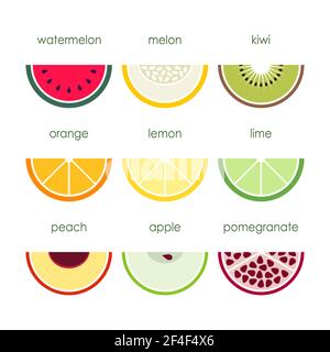 Varie icone di frutta su uno sfondo bianco Illustrazione Vettoriale