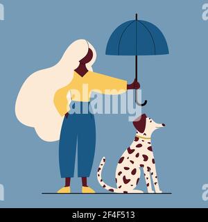 Donna che cammina con il cane per strada. Illustrazione vettoriale colorata di cartoni animati piatti. Illustrazione Vettoriale