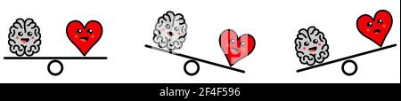 Cute Kawaii stile cervello e cuore su scale di peso, equilibrato o un lato più pesante versione, emozioni e pensiero razionale conflitto concetto Illustrazione Vettoriale