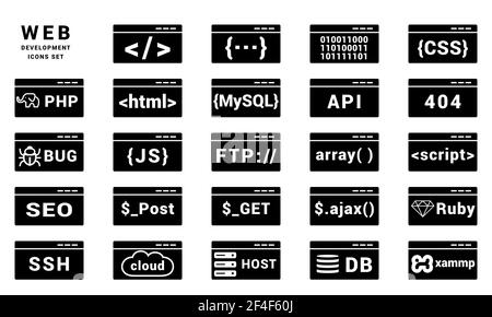 Raccolta vettoriale di Web Development Icons set, html, css, php, Ruby, Linguaggio di programmazione, script, stile isolato su bianco Illustrazione Vettoriale