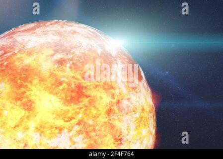 High Detailed Fiction rosso pianeta Venere con lente Flare. Rendering 3D fantascienza. Elementi di questa immagine forniti dalla NASA. Foto Stock