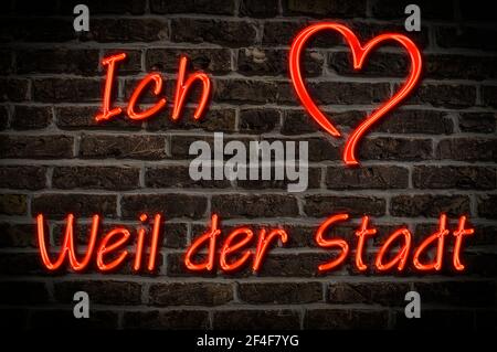 Leuchtreklame, Ich liebe Weil der Stadt, Baden-Württemberg, Deutschland, Europa | Pubblicità illuminata, amo Weil der Stadt, Baden-Württemberg, G. Foto Stock
