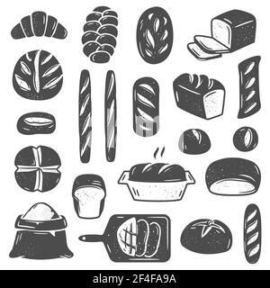 Raccolta di illustrazioni vettoriali in bianco e nero di tipi assortiti di pane cotto e pasticceria di forme diverse isolato su sfondo bianco Illustrazione Vettoriale