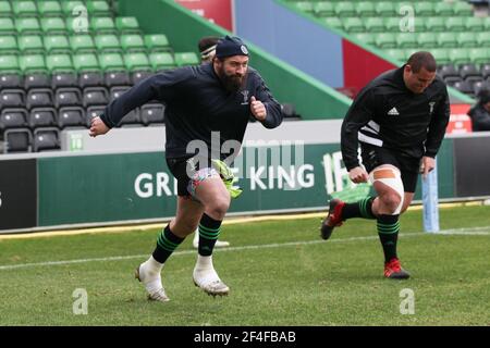 Twickenham, Regno Unito. 20 Marzo 2021. Joe Marler di Harlequins si riscalda durante la partita di rugby della prima squadra di Gallagher tra Harlequins e Gloucester al Twickenham Stadium di Twickenham, Regno Unito, il 20 marzo 2021. Foto di Ken Sparks. Solo per uso editoriale, è richiesta una licenza per uso commerciale. Nessun utilizzo nelle scommesse, nei giochi o nelle pubblicazioni di un singolo club/campionato/giocatore. Credit: UK Sports Pics Ltd/Alamy Live News Foto Stock