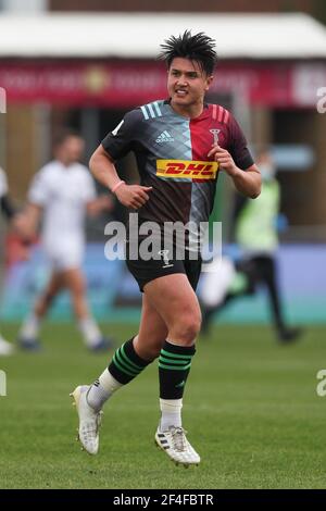 Marcus Smith di Harlequins in azione durante la partita di rugby della Gallagher Premiership tra Harlequins e Gloucester al Twickenham Stadium di Twickenham, Regno Unito, il 20 marzo 2021. Foto di Ken Sparks. Solo per uso editoriale, è richiesta una licenza per uso commerciale. Nessun utilizzo nelle scommesse, nei giochi o nelle pubblicazioni di un singolo club/campionato/giocatore. Foto Stock