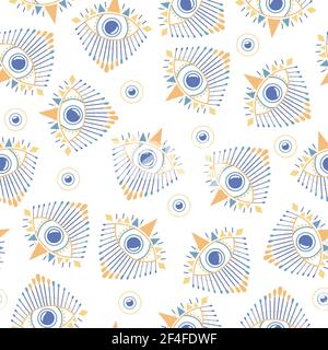 Occhi malvagi blu motivo senza cuciture con elementi gialli su sfondo bianco. Stampa esoterica grafica geometrica. Occhio della provvidenza. Vettore Illustrazione Vettoriale