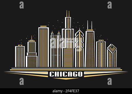 Illustrazione vettoriale di Chicago City, poster orizzontale con design artistico di linea, paesaggio urbano di chicago illuminato, concetto panoramico contemporaneo con decorazione Illustrazione Vettoriale