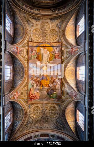 Italia, Roma, Chiesa di San Rocco (Chiesa di San Rocco all Augusteo) interno barocco, volta a botte con lunette e affresco funerale e apoteosi Foto Stock