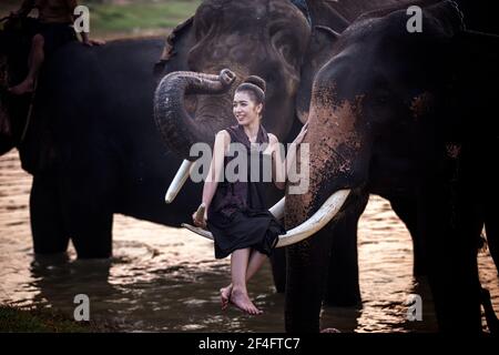 giovane donna seduta elefante a fare un bagno con mahout dentro fiume, i visitatori possono visitare la natura da vicino, escursioni turistiche su elefanti trekking in Chiang mai Foto Stock