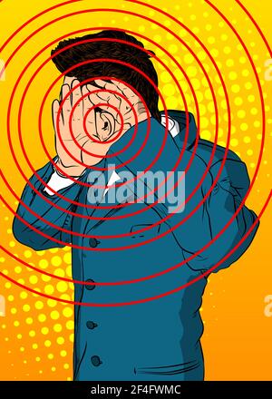 Uomo d'affari caucasico che tiene le mani alle orecchie e ascolta. Fumetti cartone animato concetto di eavesdropping, spionaggio e pettegolezzi. Illustrazione Vettoriale