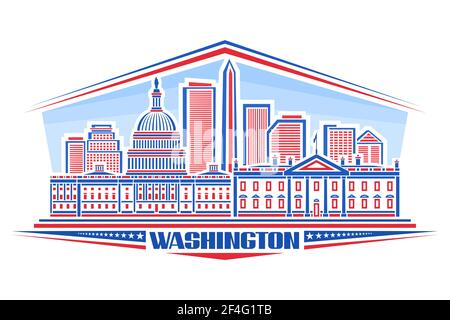 Illustrazione vettoriale di Washington, manifesto orizzontale con disegno di contorno Washington City scape sullo sfondo del giorno, concetto di linea d'arte con font unico fo Illustrazione Vettoriale