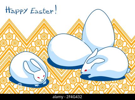 Buona Pasqua. Carta creativa con conigli bianchi stilizzati e uova sullo sfondo di ornamenti geometrici etnografici. Illustrazione Vettoriale