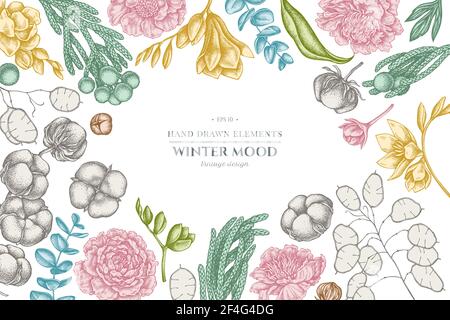 Disegno floreale con ficus pastello, eucalipto, peonia, cotone, freesia, brunia Illustrazione Vettoriale