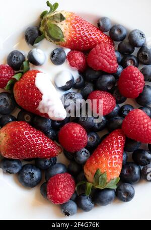 Frutta fresca. Lamponi freschi, mirtilli e fragole su un piatto bianco. Direttamente sopra. Foto Stock