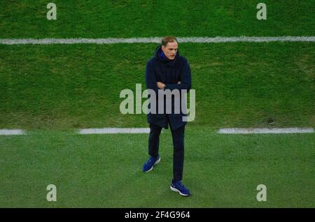 BUCAREST, ROMANIA - 23 febbraio 2021 - Chelsea FC e Atletico Madrid in azione durante la prima tappa della UEFA Champions League al National sono Foto Stock