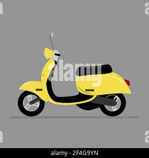 Scooter retro giallo su sfondo grigio. Scooter classico, vista laterale. Immagine piatta vettoriale. Illustrazione Vettoriale