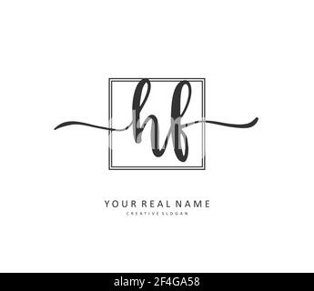Scrittura a mano con lettera iniziale HF e logo della firma. Un logo iniziale di calligrafia concettuale con elemento modello. Illustrazione Vettoriale