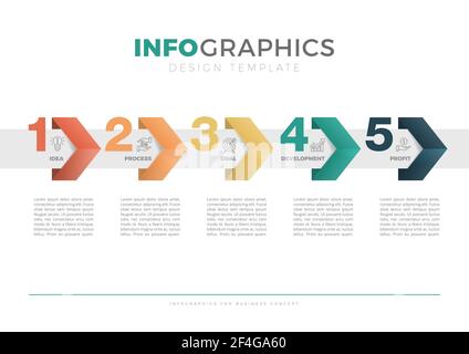 Progettazione infografica con 5 opzioni o passaggi. Infografiche per il concetto aziendale. Illustrazione Vettoriale