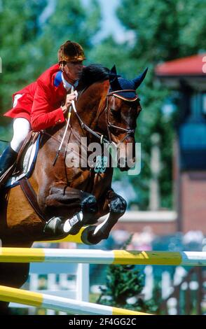 The North American Spruce Meadows Giugno 2000, John Anderrson del Canada a cavallo Nesbitt Burns Dunvagen Foto Stock