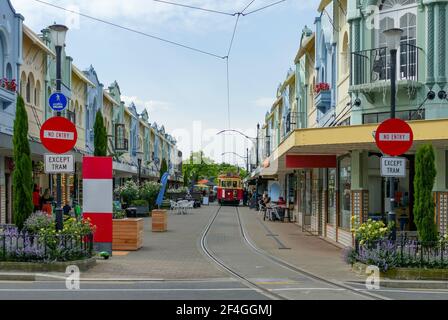 Vista sulla città di Christchurch, inclusa la New Regent Street in Nuova Zelanda Foto Stock