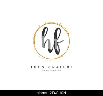 Scrittura a mano con lettera iniziale HF e logo della firma. Un logo iniziale di calligrafia concettuale con elemento modello. Illustrazione Vettoriale
