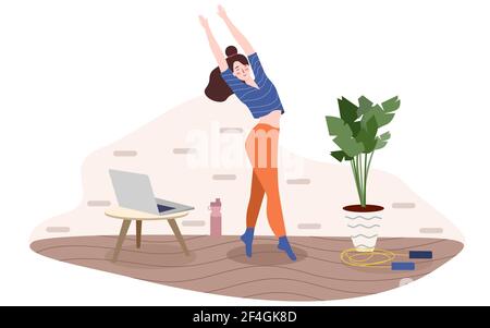 donna esercizio aerobico on-line utilizzare portatile con stile cartoon piatto Illustrazione Vettoriale