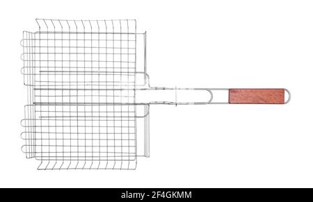Cestello grill per barbecue, in acciaio inox con manico in legno isolato su bianco. Vista dall'alto. Foto Stock