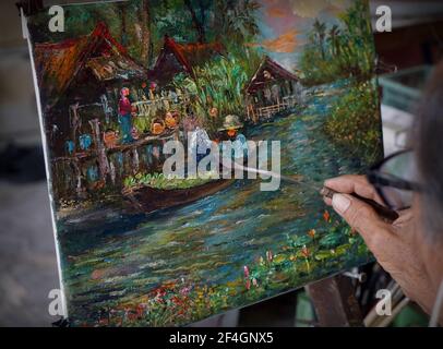 , pittura d'arte, olio, colore, vita quotidiana, Thailandia, campagna, mercato galleggiante Foto Stock