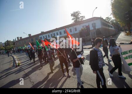 I manifestanti hanno visto tenere bandiere e bandiere, durante una marcia di protesta il 21 marzo, la Giornata Mondiale contro il razzismo a Nicosia.diverse persone sono scese per le strade di Nicosia domenica per celebrare la Giornata Internazionale per l'eliminazione della discriminazione razziale. Foto Stock