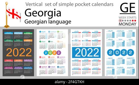 Set verticale georgiano di calendari tascabili per il 2022 (duemiloventidue). La settimana inizia lunedì. Anno nuovo. Design semplice a colori. Vettore Illustrazione Vettoriale