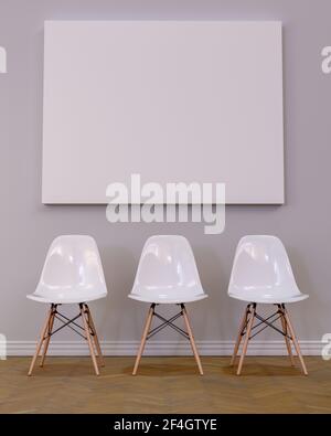 Tre sedie con schienale bianco, mobili moderni in sala d'attesa con pavimento in parquet e pannello bianco appeso alla parete con spazio per l'inserimento del testo Foto Stock