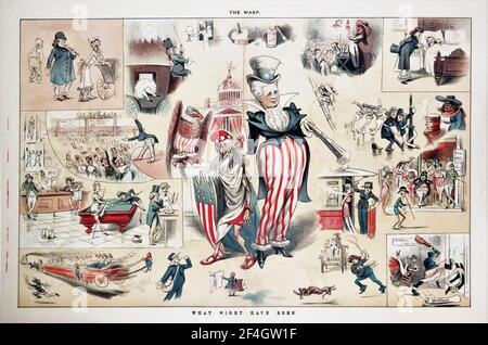 Centerfold raffigurante il candidato presidenziale Belva Ann Lockwood come Mrs Uncle Sam, circondato da scene di un mondo immaginato in cui i ruoli di genere sono invertiti, pubblicato nel Wasp per il mercato americano, 1884. Fotografia di Emilia van Beugen. () Foto Stock