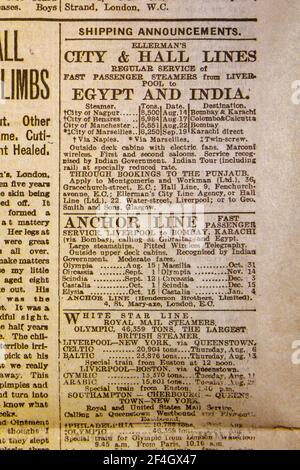 Rubrica "Annunci di trasporto" sui servizi passeggeri in Egitto, India nel quotidiano Daily News & Reader del 5 agosto 1914. Foto Stock