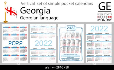 Set verticale georgiano di calendari tascabili per il 2022 (duemiloventidue). La settimana inizia lunedì. Anno nuovo. Design semplice a colori. Vettore Illustrazione Vettoriale