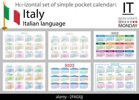 Set orizzontale italiano di calendari tascabili per il 2022 (duemiloventidue). La settimana inizia lunedì. Anno nuovo. Design semplice a colori. Vettore Illustrazione Vettoriale