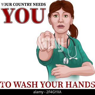 Medico infermiere Donna ha bisogno di lavarsi mani puntando Illustrazione Vettoriale