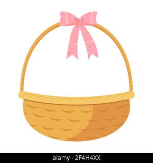 Cestello in vimini retro vuoto con nastro rosa isolato su sfondo bianco. Illustrazione vettoriale del design a stile piatto Illustrazione Vettoriale