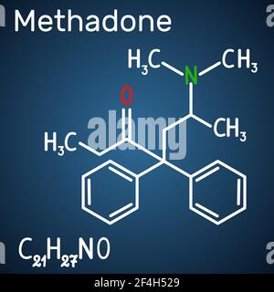 Molecola di metadone. Formula chimica strutturale e modello molecolare su sfondo blu scuro Illustrazione Vettoriale