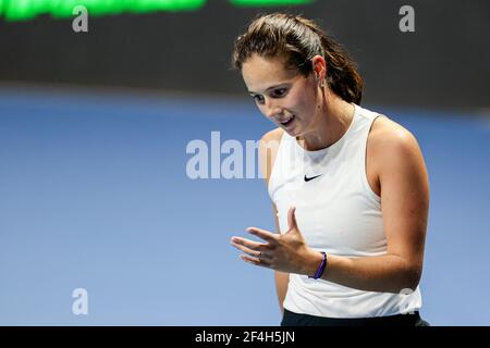 SAN PIETROBURGO, RUSSIA - 21 MARZO: Daria Kasatkina di Russia delusa durante la sua partita contro Margarita Gasparyan di Russia durante le finali del St Petersburg Ladies Trophy 2021, torneo di tennis WTA 500 alla Sibur Arena il 21 marzo 2021 a San Pietroburgo, Russia (Foto di Anatolij Medved/Orange Pictures) Foto Stock