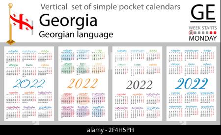 Set verticale georgiano di calendari tascabili per il 2022 (duemiloventidue). La settimana inizia lunedì. Anno nuovo. Design semplice a colori. Vettore Illustrazione Vettoriale