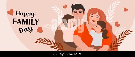 Giorno della famiglia. Felice giornata internazionale delle famiglie. Carino coppia con bambini, padre e madre abbracci bambini con amore. Illustrazione vettoriale Illustrazione Vettoriale