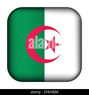 Palla di vetro con bandiera di Algeria. Icona del modello al quadrato. Simbolo nazionale algerino. Cubo realistico lucido, illustrazione vettoriale astratta 3D Illustrazione Vettoriale