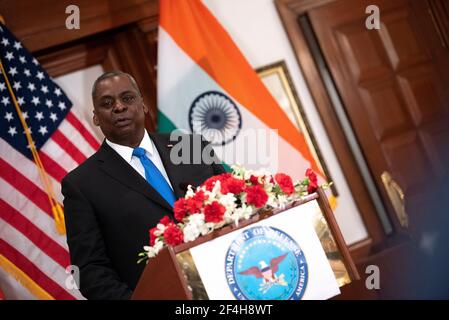 Nuova Delhi, India. 20 Marzo 2021. Il Segretario della Difesa degli Stati Uniti Lloyd J. Austin III durante una conferenza stampa il 20 marzo 2021 a Nuova Delhi, India. Credit: Planetpix/Alamy Live News Foto Stock