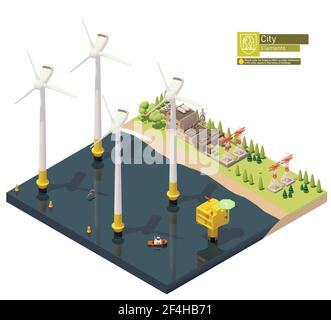 Vettore isometrico offshore eolico farm Illustrazione Vettoriale