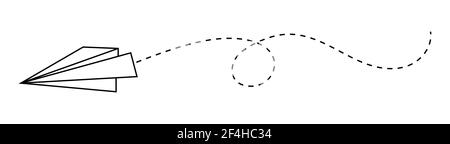 Aereo di carta volante con linee tratteggiate. Illustrazione vettoriale isolata su sfondo bianco. Illustrazione Vettoriale