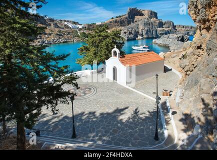 Chiesa, Baia di San Paolo, Lindos, Rodi, Grecia Foto Stock